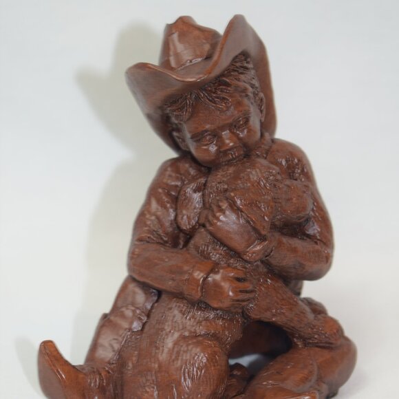 Vintage Red Mill  Pecan Wood Child Cowboy and Dog Figure - Picture 1 of 6